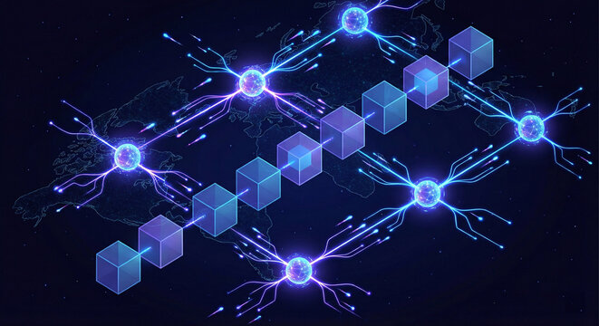 Global blockchain network visualization with blocks and interconnected nodes