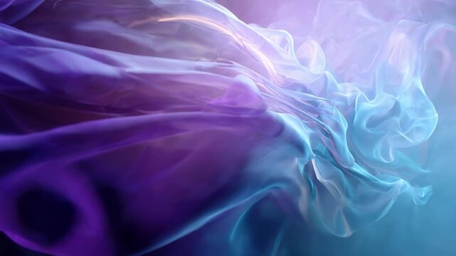 Delicate translucent fabric in shades of purple and blue flows and ripples smoothly, creating soft undulating folds in an ethereal space