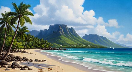 a painting of a beach with palm trees and a mountain in the background
