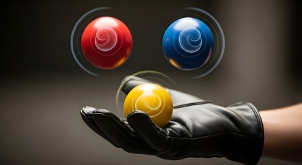 Gloved hand balancing colorful balls in mid-air