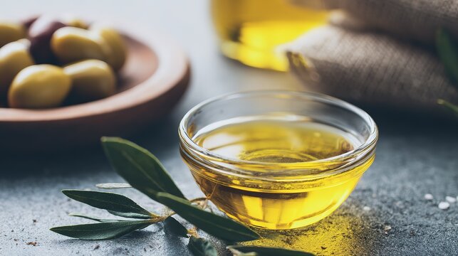 Premium Golden Extra Virgin Olive Oil Pouring from a Glass Bottle into a Stainless Steel Spoon, Thick Viscous Liquid Creating a Smooth Glossy Stream, Fresh Green Olives and Sprigs of Rosemary and Thym