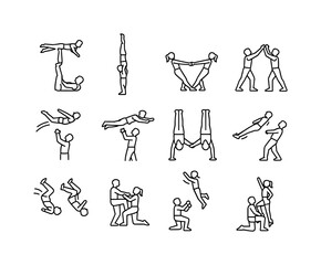Acrobatics Icon Set. Partner acrobatics. Line icon set of Partner acrobatics: base flyer lift, shoulder stand, counterbalance pose, hand-to-hand grip, spinning