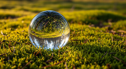 a glass ball sitting on top of a lush green field