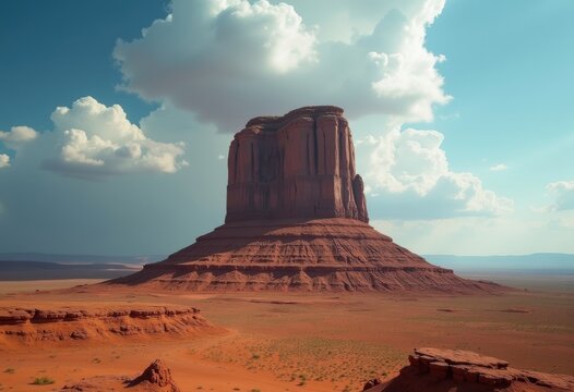 Isolated Butte Hill Desert Formation Presenting Steep Ridges and Barren Slopes Underneath a Blue Sky