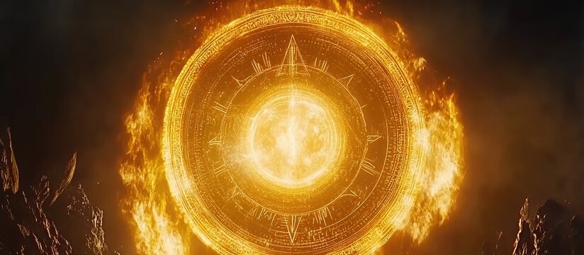 Intense Golden Magic Circle with Roman Numerals and Fiery Aura