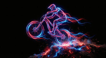 Naklejka premium Mountain bike cyclist in motion, abstract neon silhouette with glowing blue and red energy trails, olympic cycling sports competition