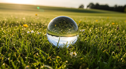 a glass ball sitting in the grass with dew on it