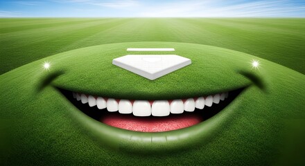 Green field smiling face with white teeth