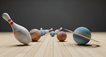 Planets collide with bowling pins in creative universe scene
