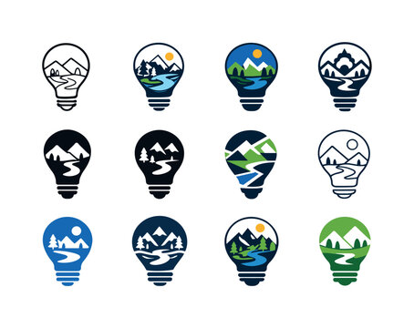 Miniature worlds and microcosms. Icon set. Set Logo of Miniature worlds and microcosms: micro landscape inside light bulb. harmonious logo