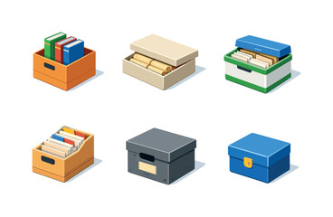 Library archive. Isometric flat vector icons set of library archive: book archive box, manuscript storage box, library document box, catalog