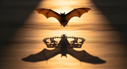 Bat flying over water with crown shadow reflection
