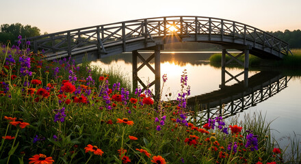a bridge over a body of water with flowers in the foreground