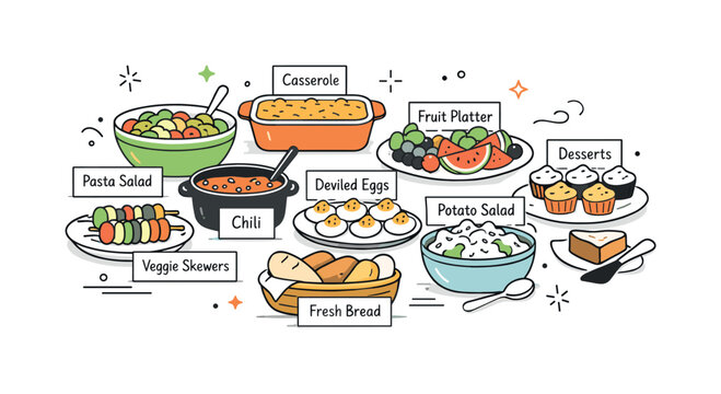 Potluck Table Arrangement. Potluck table arrangement. Clean editorial illustration of a table neatly arranged with various homemade dishes, labels or small
