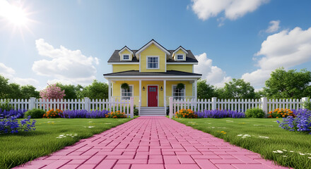 a yellow house with a red door and a pink brick pathway