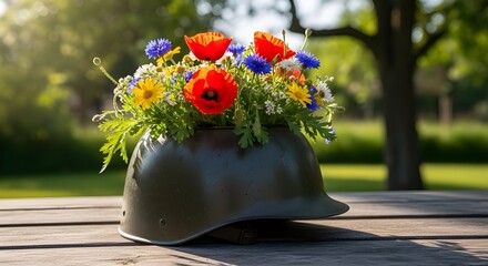 Vibrant flowers bloom in a military helmet on a wooden table