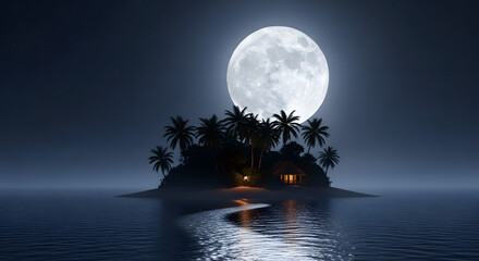 a small island with a full moon in the background