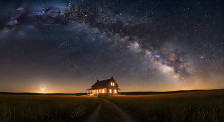 a house in a field with a path leading to it