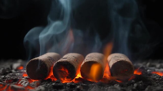 Closeup of burning corks on hot coals with smoke rising in a dark setting. 4k Footage Video
