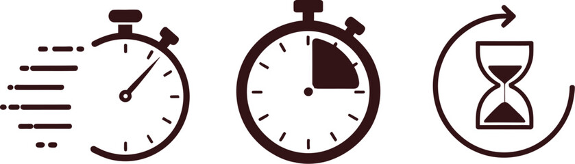 Obraz premium Set of dark brown time management icons featuring a fast moving stopwatch, a fifteen minute timer, and a rotating hourglass.