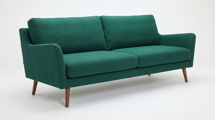 Green fabric sofa with wooden legs on white background