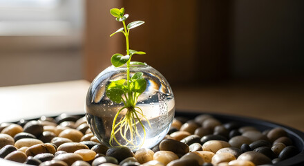 a small plant in a glass vase on a table