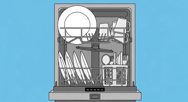 An open dishwasher loaded with clean dishes, utensils, and plates viewed from the front against a blue background