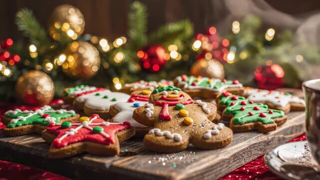Assorted decorated gingerbread cookies arranged on wooden board for holiday celebration