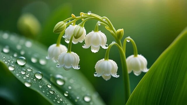Closeup of delicate white lily of the valley flowers with glistening raindrops on green leaves. 4k Footage Video