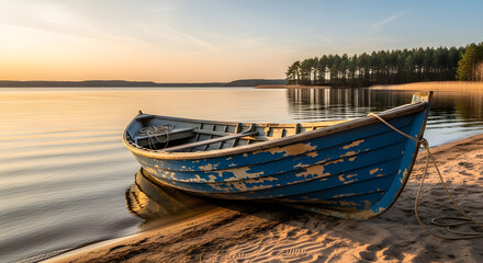 a boat is sitting on the shore of a lake