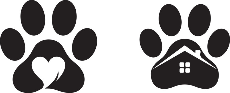 Solid black silhouette of animal paw prints with heart and house symbols, pet care concept.