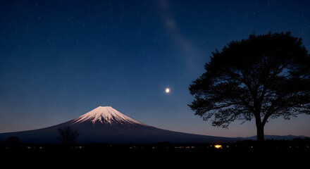 a mountain with a tree and a moon in the sky