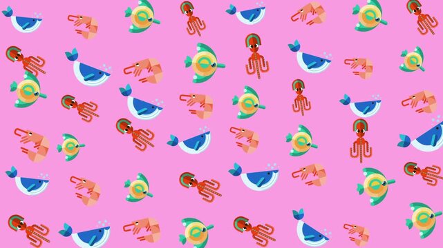 Pink background with fish, birds, and shrimp icons, perfect for seafood restaurant menus, event invitations, and aquaticthemed designs.