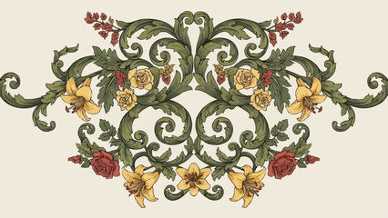 Ornate floral scrollwork with roses and lilies in vintage style. © arjuna davin