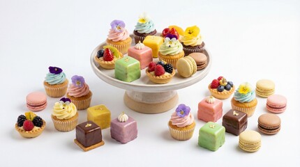 Obraz premium Set of delicious cakes. Small sweet cakes isolated on white background.