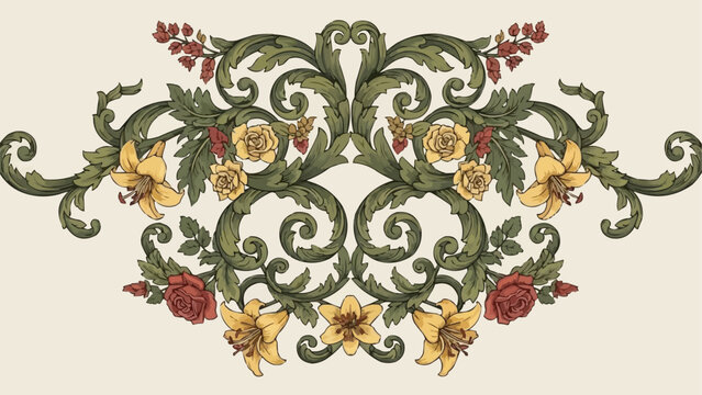 Ornate floral scrollwork with roses and lilies in vintage style.