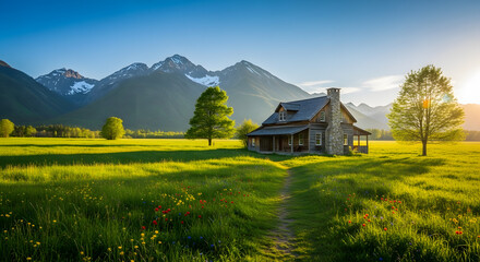 a small cabin in a field with mountains in the background