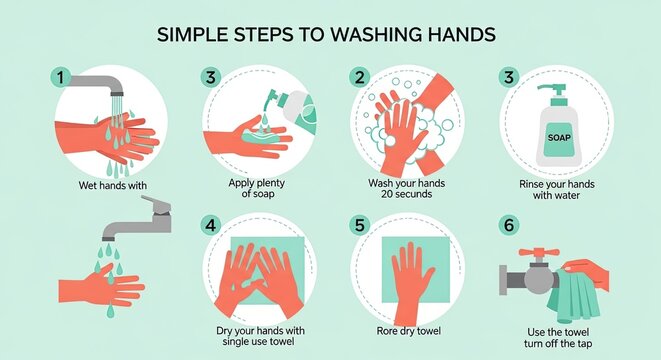 Illustration depicting the six simple steps to washing hands effectively in a hygiene routine