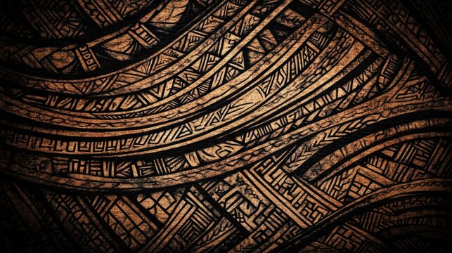 Intricate Maori Tribal Tattoo Pattern Carved into Aged Wood Texture