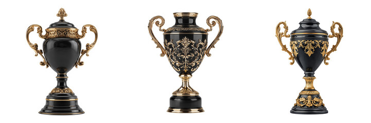 Fototapeta premium Set of Luxury Royal Black And Gold Trophy With Intricate Detailing Award on transparent png background. Ai generated