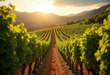Naklejka premium Picturesque Vineyard Rows Sunlit Hillside Grape Vines Vineyard Voyage Pure Grapes