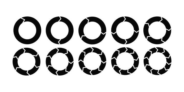 Circle diagram infographic set. Rotation round cycle vector scheme process template. 2, 3, 4, 5,6,7,8,9,10 parts