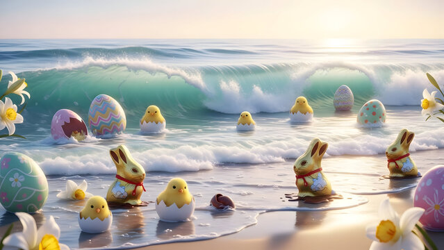 Ester sunday march 31 easter eggs and bunnies on beach with ocean waves at sunset