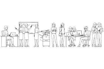 Naklejka premium Businesswomen at Work Vector – Laptop, Computer, Monitor Doodle Set