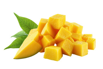 Freshly cut mango chunks and slices isolated on transparent background. Sweet ripe yellow mango cubes and fresh green leaf isolated on white background.