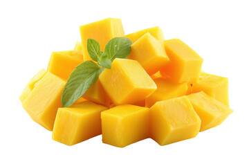 Freshly cut mango cubes with a mint leaf isolated on transparent background. Freshly diced mango cubes with vibrant mint leaves isolated on white background.