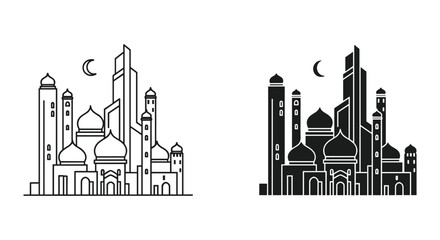 Islamic City Skyline with Mosques and Minarets Vector Illustration © Shahriyar Rasel