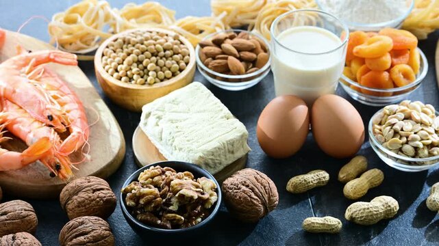 Common food allergens including eggs, milk, soya, nuts, fish, seafood, wheat flour, dried apricots and celery