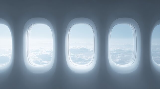 Cloud shaped number 2026 outside airplane window, four plane windows open, blue sky and white clouds, travel and future concept