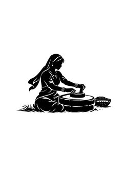 Traditional Indian Woman Grinding Grains on Stone Mill (Chakki) Vector Illustration - Monochrome Silhouette of Rural Life and Ancient Food Preparation Methods on Dark Background.